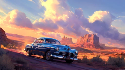 Blue classic car driving through vivid desert sunset scene