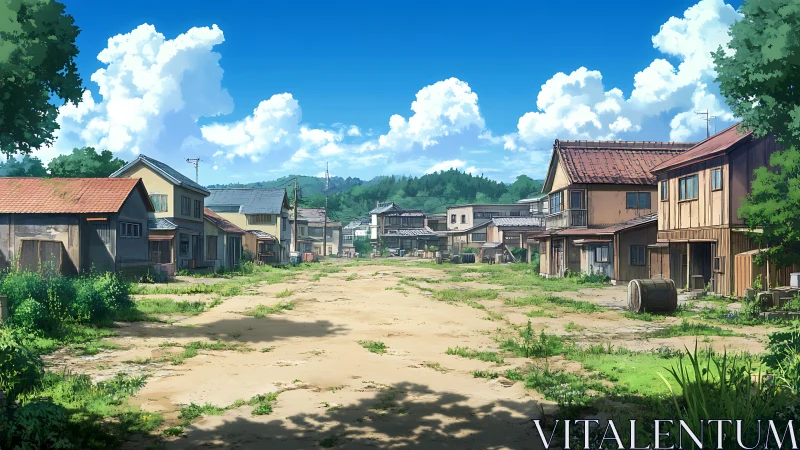 Quiet country street holds its breath under summer clouds