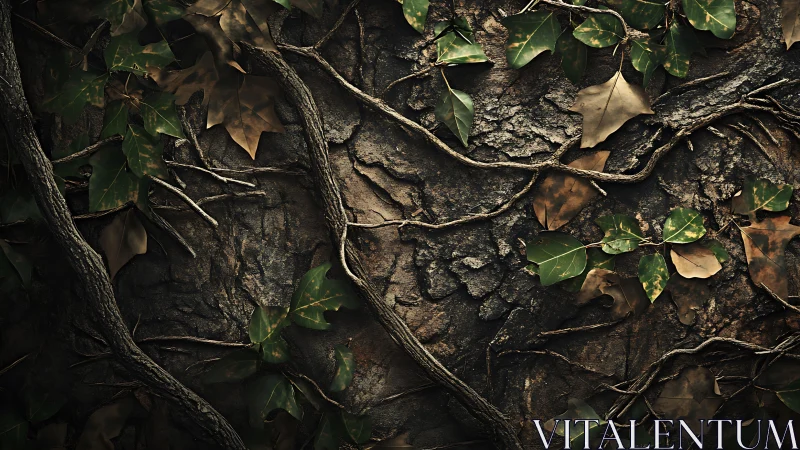 Earthy tree bark and ivy weave a calm forest tapestry