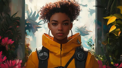 Bright explorer in yellow jacket amid lush painted garden.