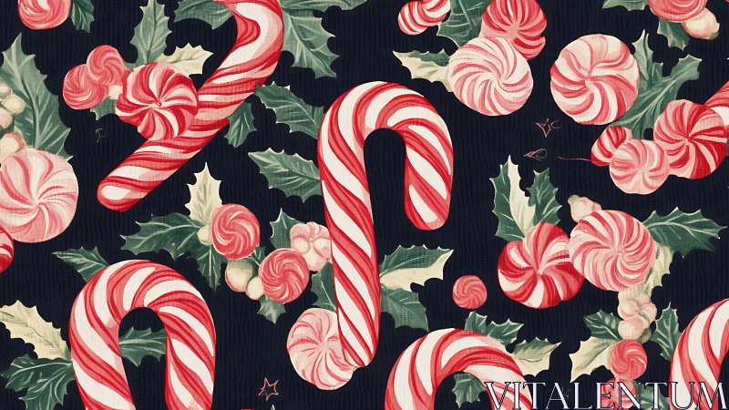 Peppermint Candy and Holiday Botanical Pattern Over Deep Navy Ground