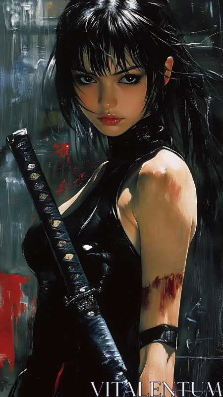 Bloodstained katana-wielding femme fatale in glossy armor