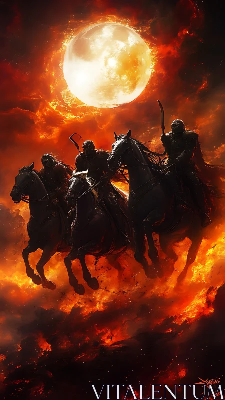 Four dark riders charge through fire beneath a burning moon