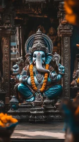 Ganesha temple idol with marigold garlands and ornate shrine.