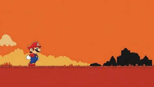 Side-scrolling pixel hero crosses minimal sunset landscape