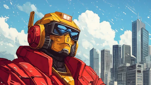 Friendly urban robot hero watching over the bright city.