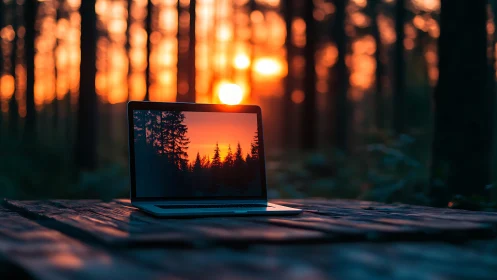 Sunset forest laptop inviting calm focus in nature.
