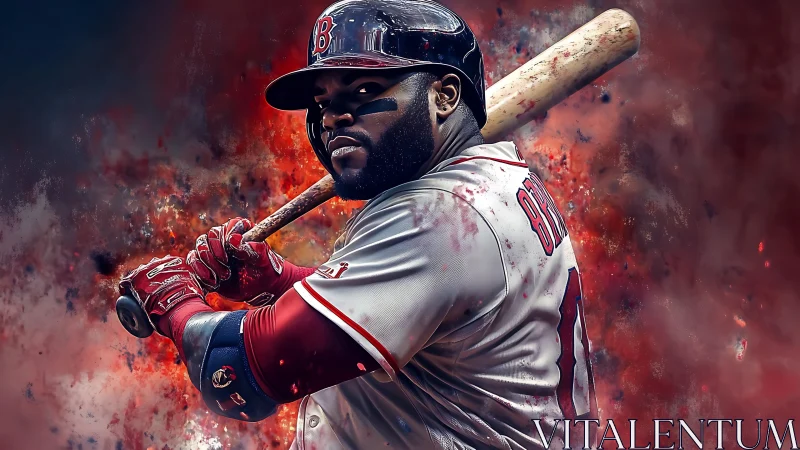 Power hitter poised amid explosive abstract background.