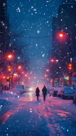Digital painting of snowy neon city street in dusk blizzard.