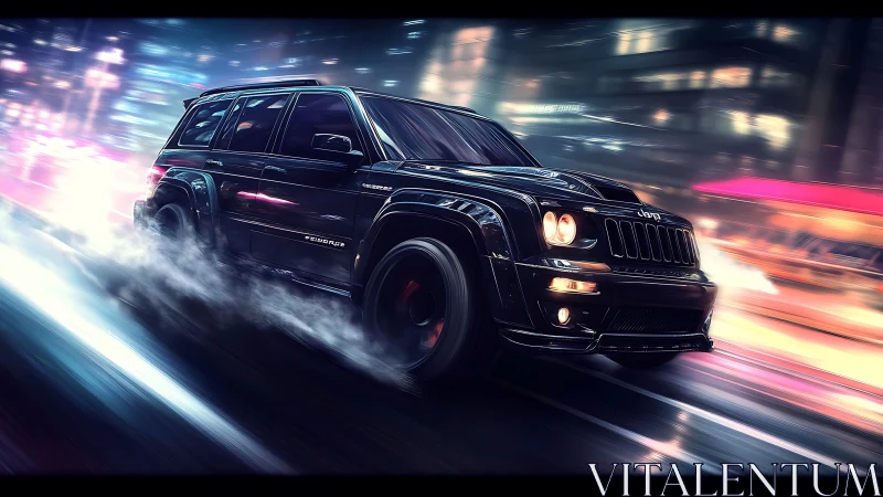 Midnight SUV rockets through neon streets in glossy stride