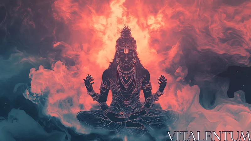 Cosmic meditative deity silhouette framed by incandescent nebula