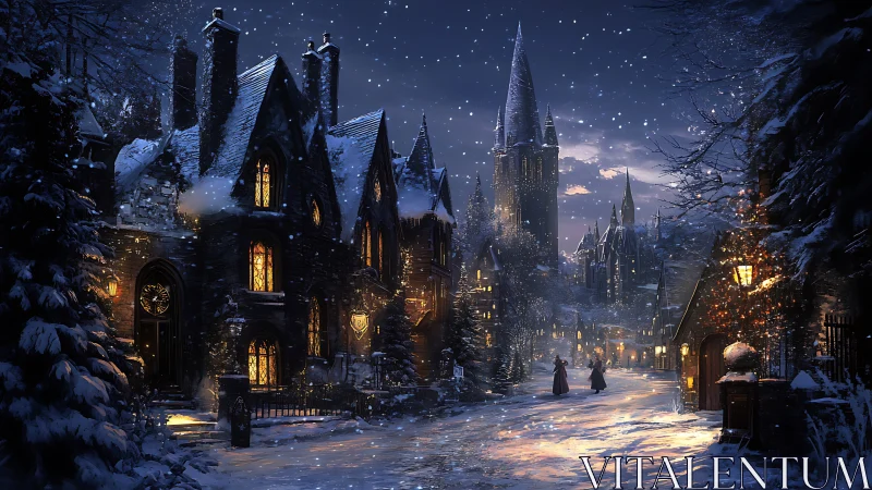 Moonlit winter village glows with storybook enchantment and snow.