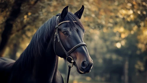 Black horse in bridle stands in soft forest background