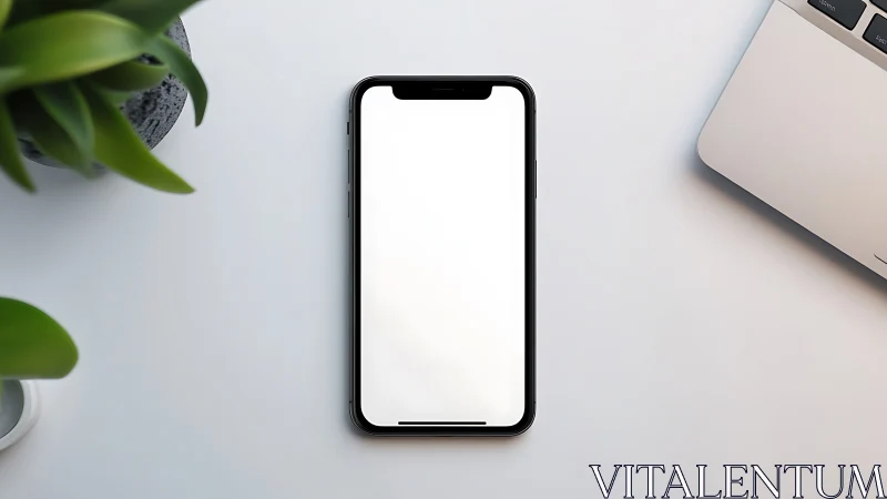 Black smartphone with blank white screen on minimalist desk