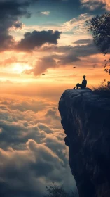 Solitary figure contemplating sunrise above stratified cloud sea