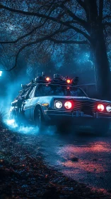 Modified station wagon with roof equipment moves through foggy road