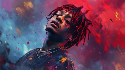 Digital portrait of person amid red and blue abstract clouds