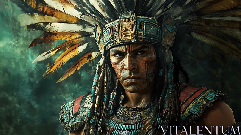 Warrior in ornate feathered headdress under cinematic lighting.