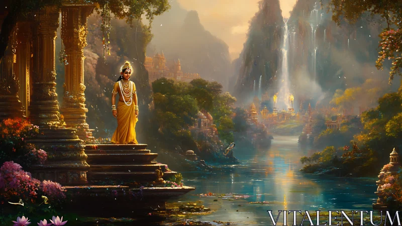 Golden river goddess watching over luminous temple valley.