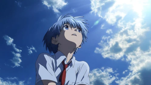 Sky-gazing anime teen under bright clouds and hopeful light.