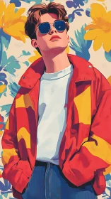 Stylized portrait of sunglasses youth against floral backdrop