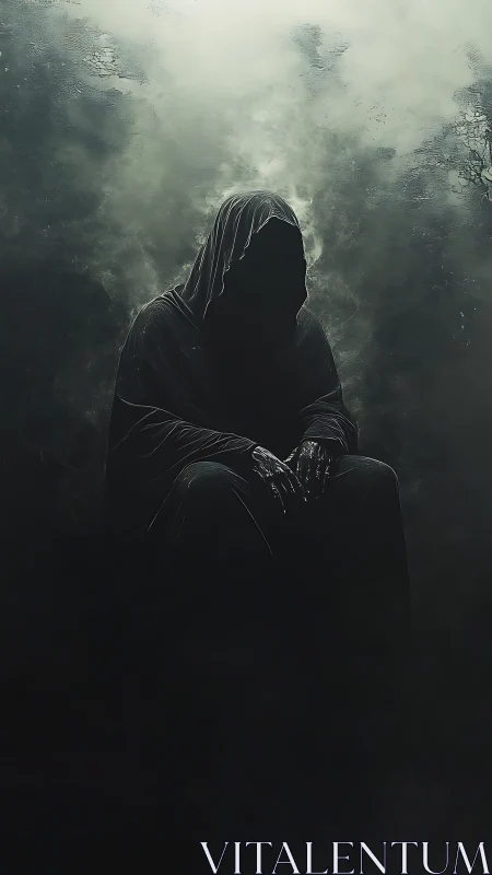 Mysterious cloaked figure resting in swirling shadowed mist.
