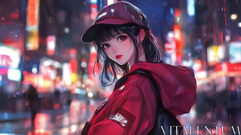 Neon city girl walks through rainlit streets at midnight