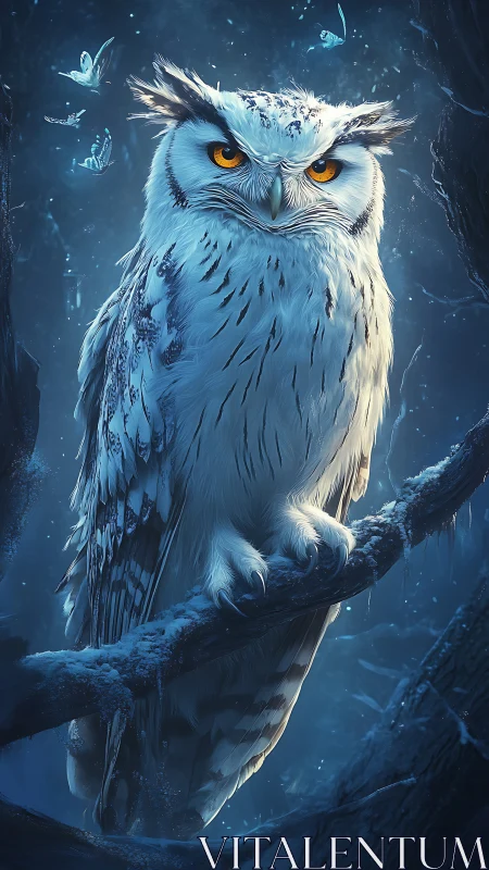 Midnight frost owl keeps luminous watch in winter glade.