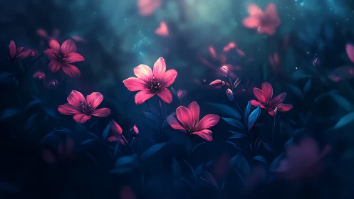 Pink flowers bloom against dark blue bokeh background with light effects.