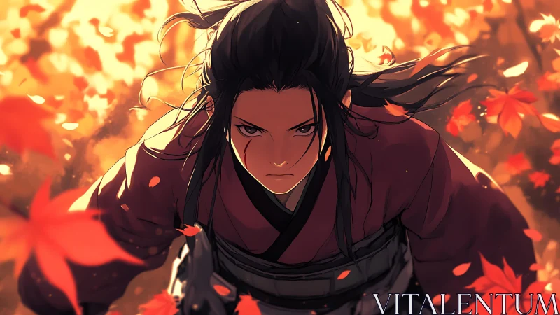 Autumn warrior advances through swirling maple leaves with intent