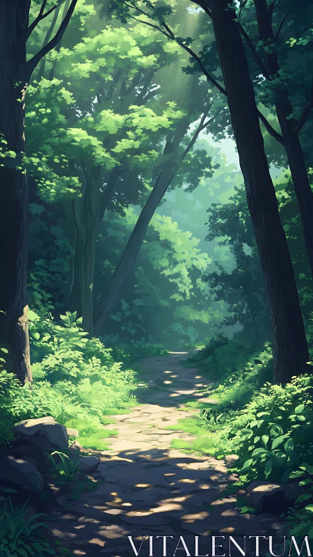 Forest Path Through Cathedral of Light and Verdant Canopy.