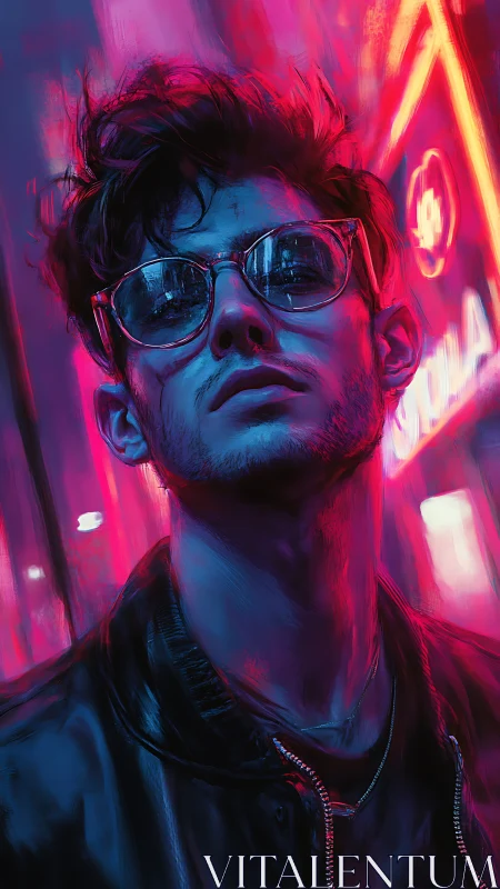 Neon midnight drifter bathed in electric magenta cityglow.