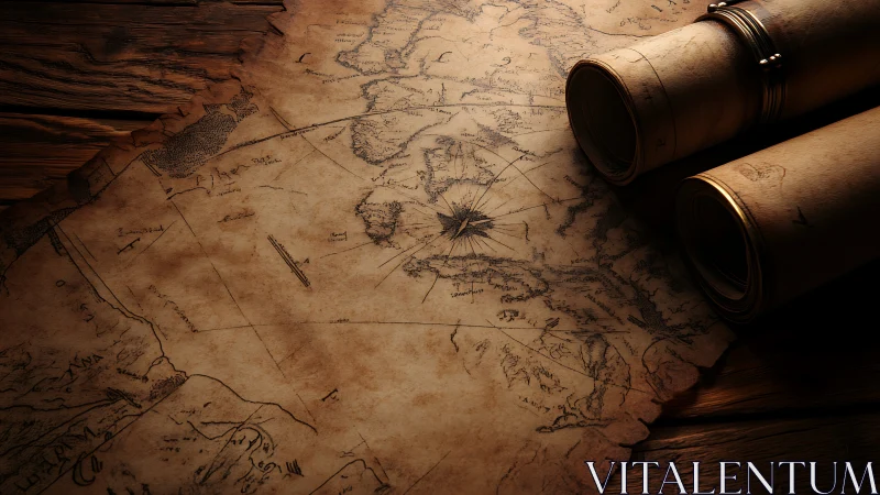 Weathered nautical treasure map with rolled parchment scrolls.