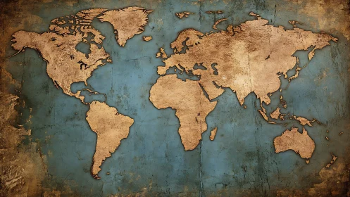 World map silhouette overlays textured blue and brown background