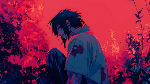 Brooding wanderer sinks into crimson foliage and memory