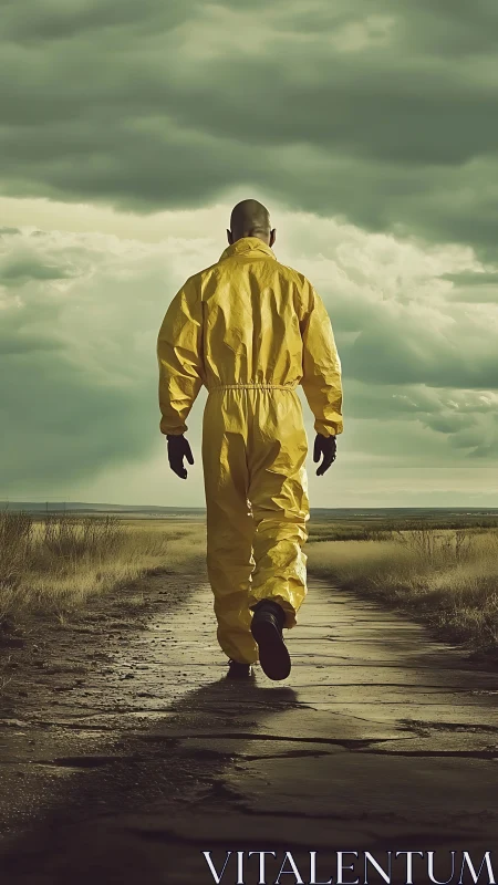 Person in yellow hazmat suit walking on empty rural path.