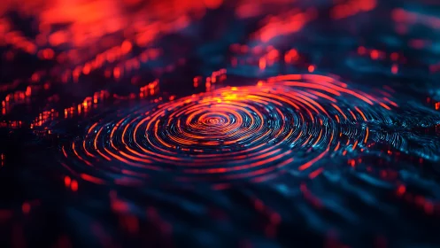 Concentric wave ripples display neon red caustics on dark fluid