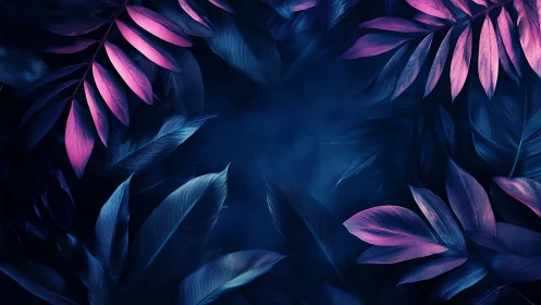 Neon blue and magenta tropical leaves framing dark center.