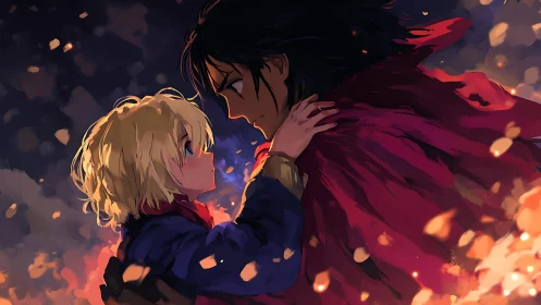 Two anime figures in close profile amid glowing embers.