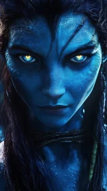 Blue alien humanoid face stares forward with glowing eyes