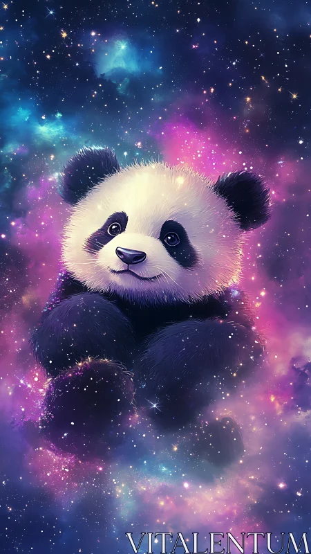 Cosmic nebula cradle with bioluminescent panda subject.