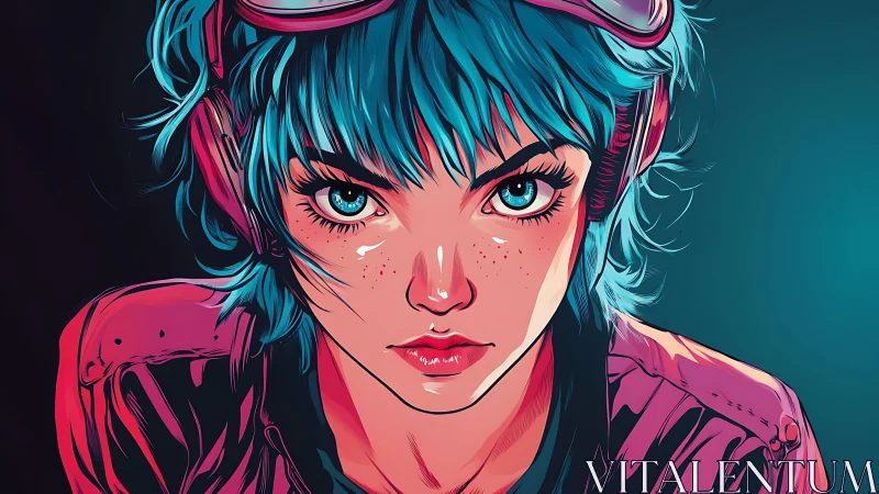 Neon cyberpunk portrait girl with teal hair and goggles.