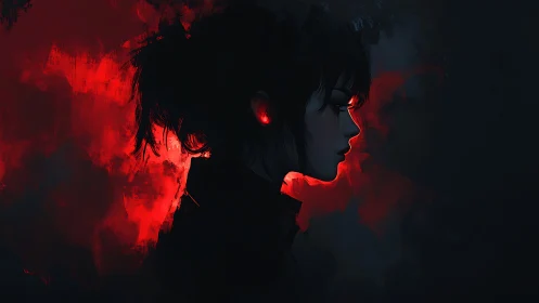 Red backlit female profile rendered in moody digital chiaroscuro