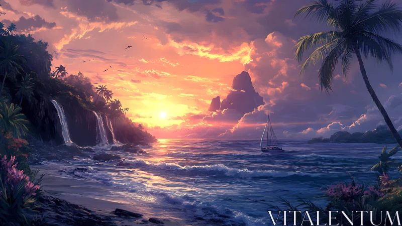 Sunlit tropical seascape with waterfalls and sailing yacht.