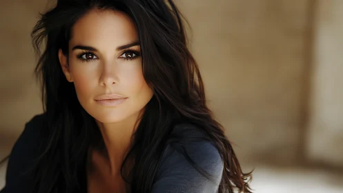 Confident woman with natural makeup in soft light, portrait style.