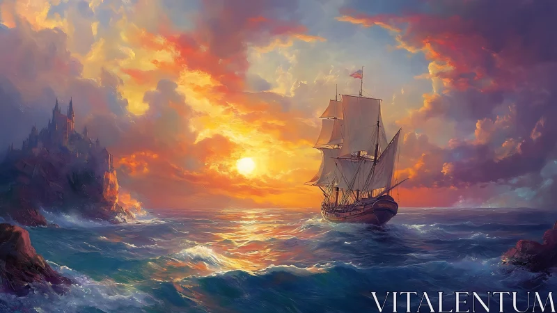 Sunlit galleon navigates turbulent seas near cliffside citadel