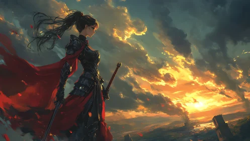 Armored swordswoman overlooking distant burning landscape.