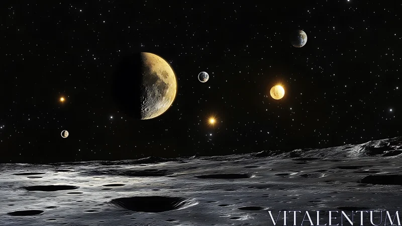 Starlit moons drift quietly above a rugged alien horizon