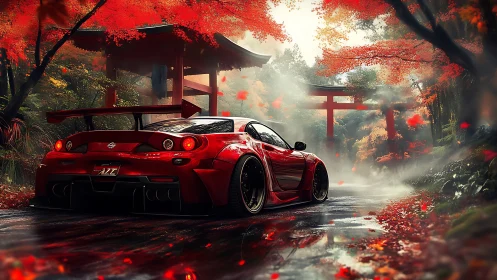 Tuned red sports car glides through misty Japanese maple road
