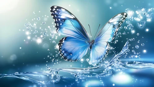 Iridescent blue butterfly interacting with dynamic water splash